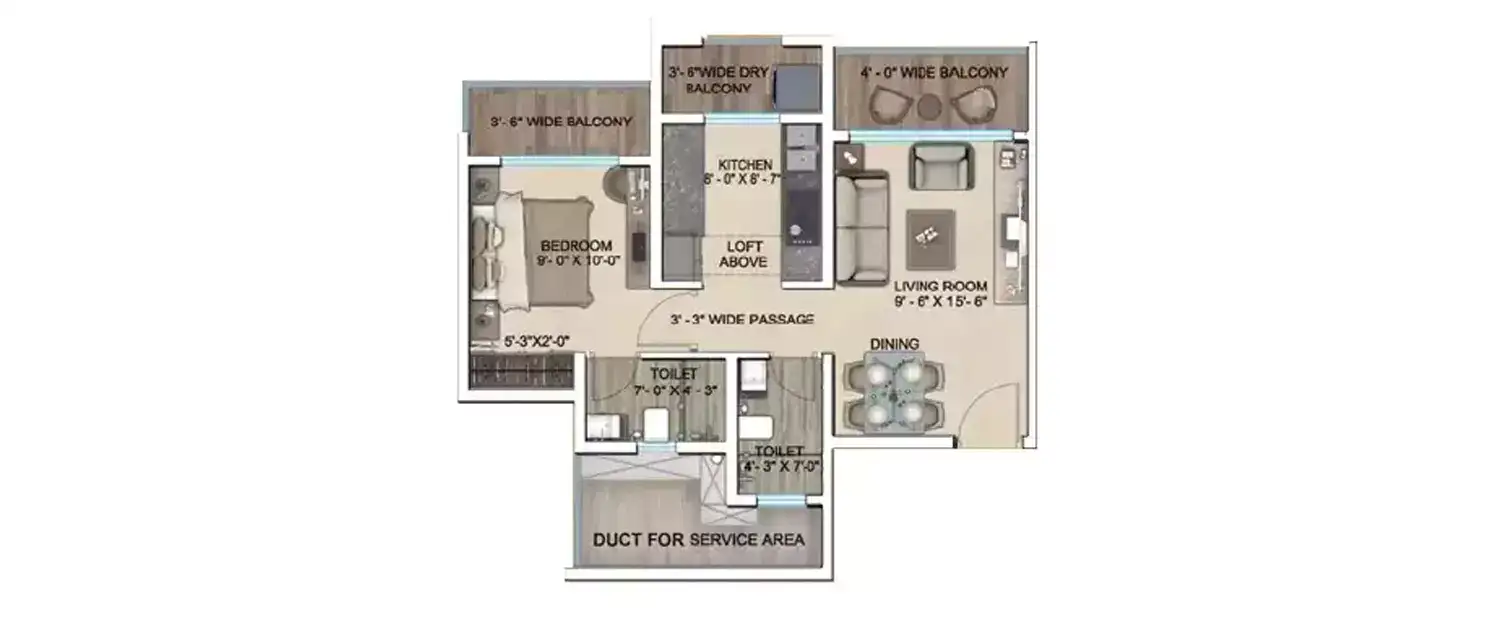 Floor Plan 1 BHK-527 Sq.ft.